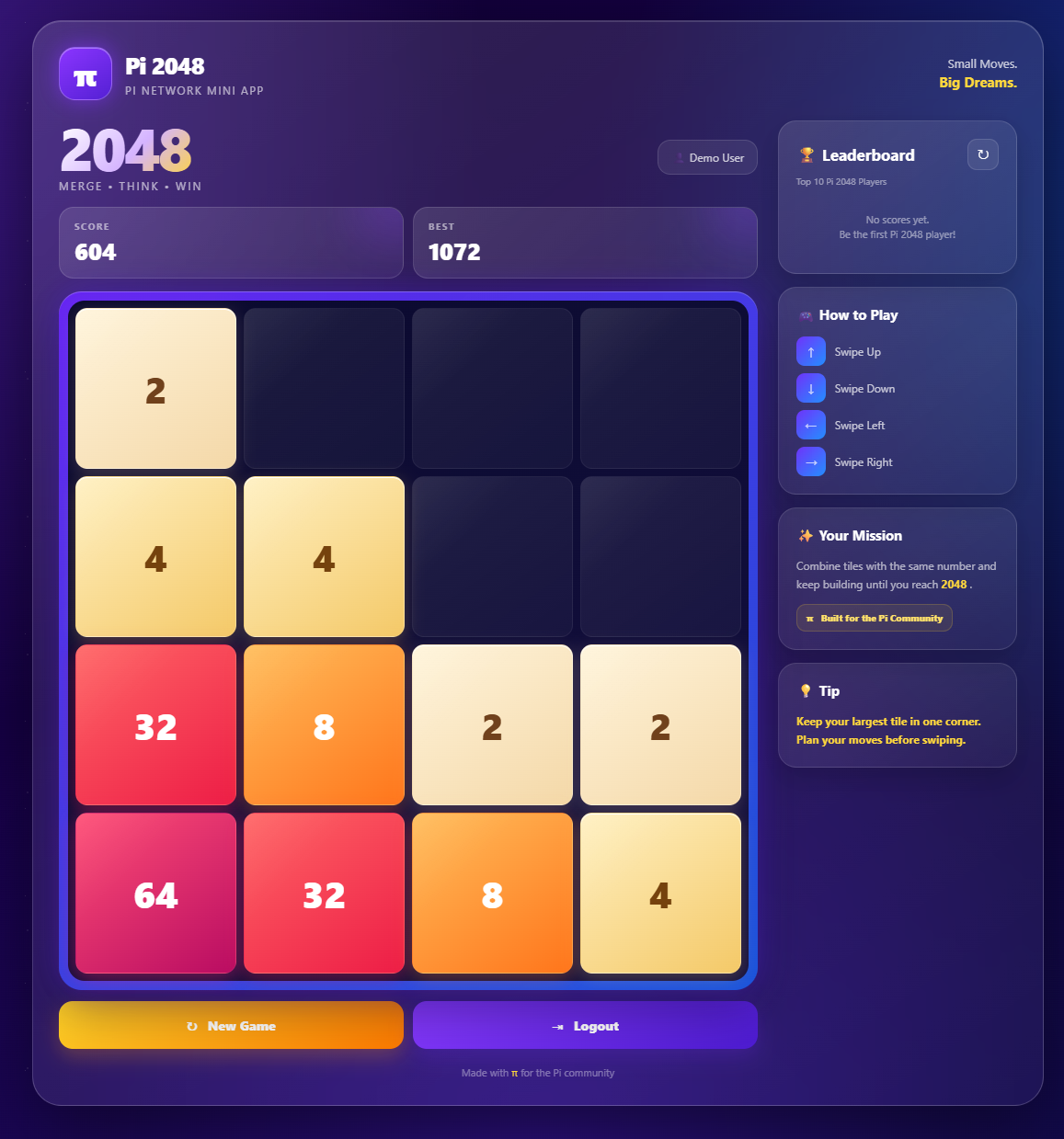 Pi 2048 game board with score, best score and leaderboard